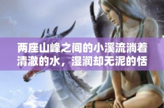 两座山峰之间的小溪流淌着清澈的水，湿润却无泥的恬静之地